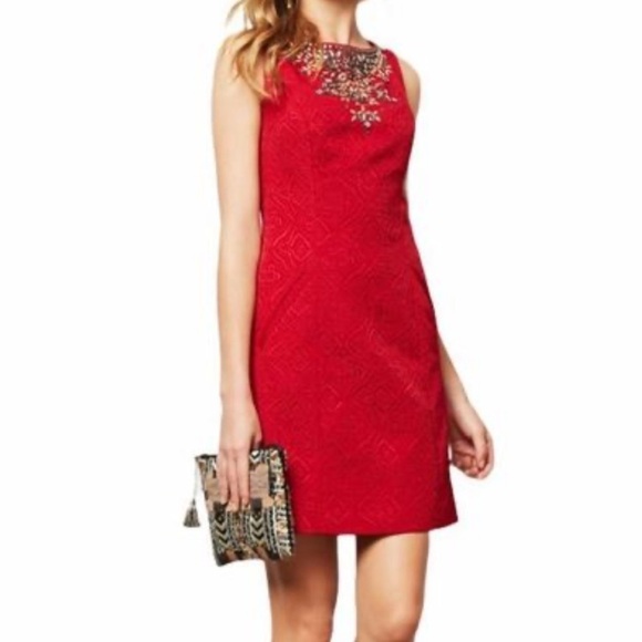 ☀️❄️Anthropologie Red Embellished Mini Dress - Picture 1 of 4